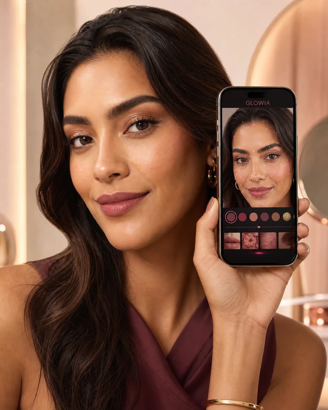 Mulher usando a consultoria virtual de maquiagem da Glowia pelo celular